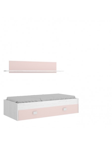 Cama Nido Rosa y Blanco + Cajón + Estante de Pared
