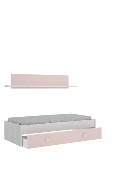 Cama Nido Rosa y Blanco + Cajón + Estante de Pared
