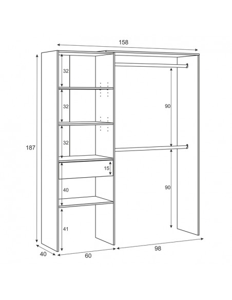 Armario Vestidor con Estantería 60cm + 2 Barras