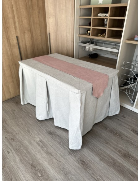 Pack Mesa + Ropa de Mesa Camilla Moderna Antimanchas color Gris Perla con Camino Rosa