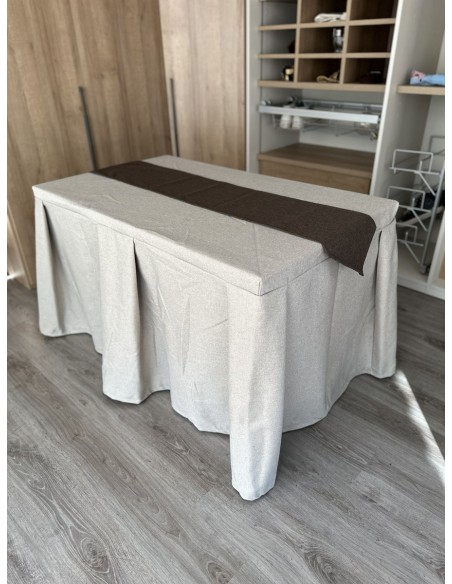 Pack Mesa + Ropa de Mesa Camilla Moderna Antimanchas color Beige con Camino Chocolate