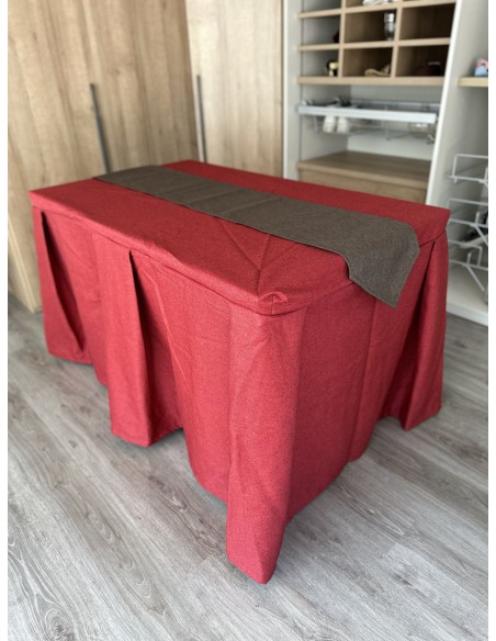 Pack Mesa + Ropa de Mesa Camilla Moderna Antimanchas color Rojo con Camino Chocolate