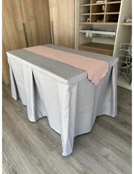 Pack Mesa + Ropa de Mesa Camilla Moderna Antimanchas color Gris Plata con Camino Rosa
