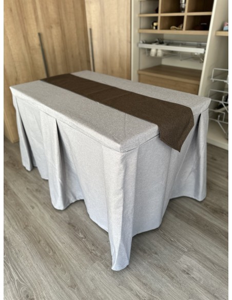 Pack Mesa + Ropa de Mesa Camilla Moderna Antimanchas color Gris Plata con Camino Chocolate