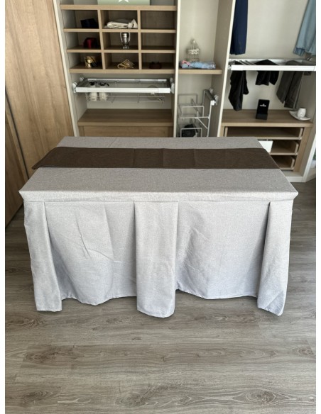 Pack Mesa + Ropa de Mesa Camilla Moderna Antimanchas color Gris Plata con Camino Chocolate