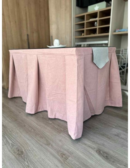 Ropa de Mesa Camilla Moderna Antimanchas color Rosa con Camino Gris Perla