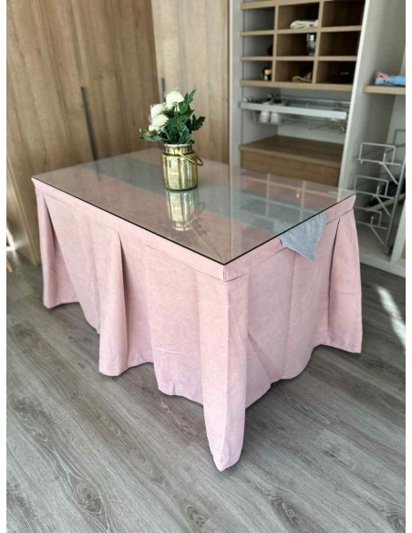 Ropa de Mesa Camilla Moderna Antimanchas color Rosa con Camino Gris Plata