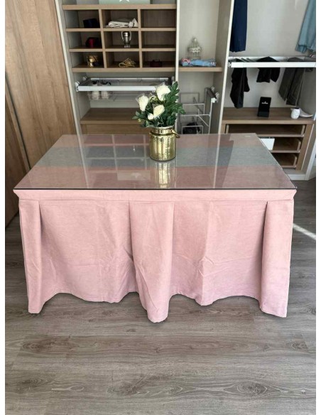 Ropa de Mesa Camilla Moderna Antimanchas color Rosa con Camino Gris Plata
