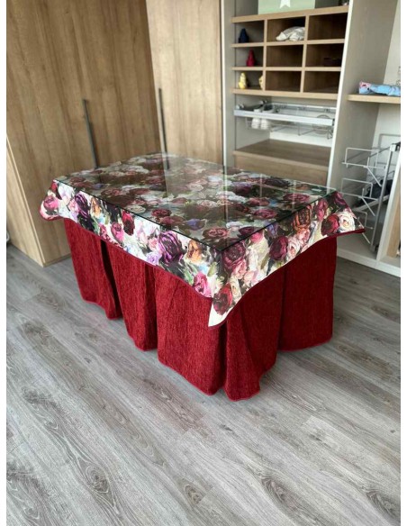 Ropa Doble Grueso 10 Pliegues Rojo con Tapete Flores