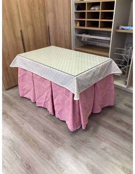 Conjunto Chenilla 10 Pliegues color Rosa Pastel con Tapete Crema