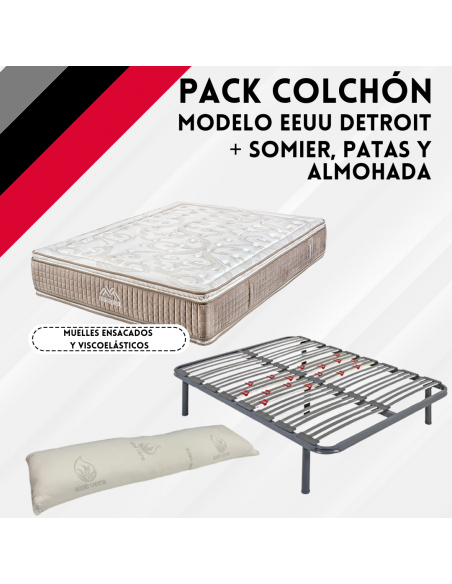 Pack Colchón Detroit y Somier Multiláminas + Patas + Almohada