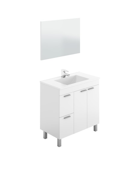 Mueble lavabo AKTIVA 2 Puertas + 2 Cajones + Espejo - Blanco Brillo - Lavabo no incluido