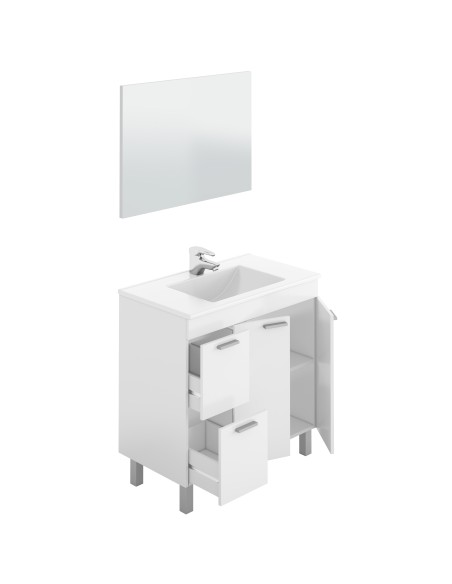 Mueble lavabo AKTIVA 2 Puertas + 2 Cajones + Espejo - Blanco Brillo - Lavabo no incluido