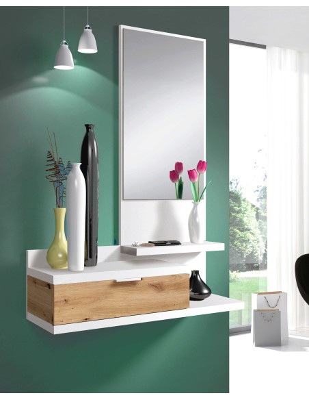 Recibidor 1 Cajón + Espejo Blanco Artik/Roble Nodi LIA
