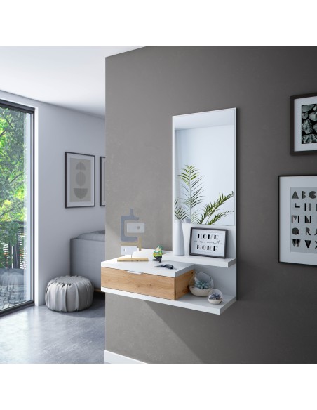 Recibidor 1 Cajón + Espejo Blanco Artik/Roble Nodi LIA