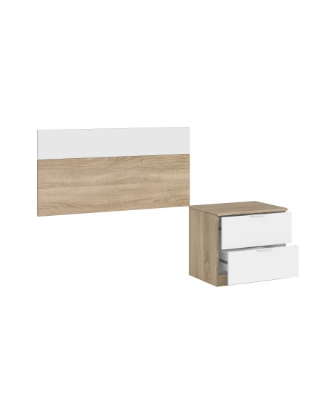 Cabezal LUCA 100 + Mesita con 2 cajones - Roble Candian/Blanco Artik