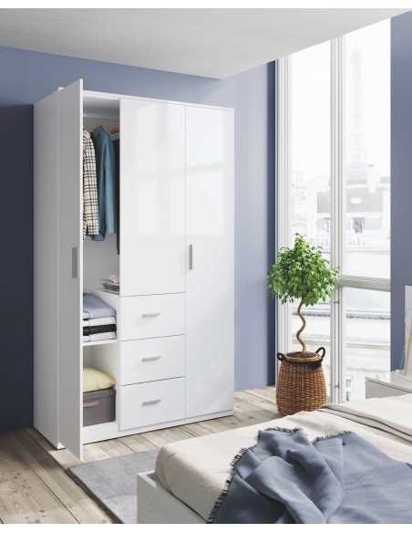 Armario Ward 3 Puertas + 3 Cajones - Blanco brillo