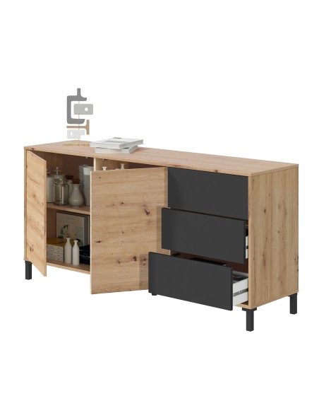 Aparador 2 Puertas + 3 Cajones Roble Nodi/Gris antracita URBAN PLUS