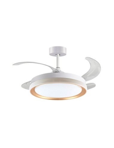 Ventilador DC KIGALI MINI blanco/oro, 4 aspas retráctiles, 48W LED 3000|4000|6000K, Al.35xD.91/40cm