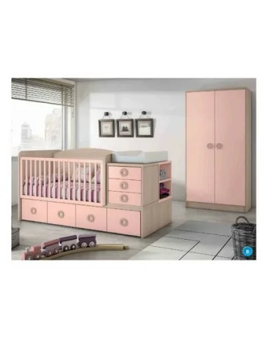 Dormitorio bebe cuna nido cambiador cajones madera armario rosa