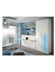 Dormitorio juvenil cama abatible desplegable madera escritorio armario moderno azul