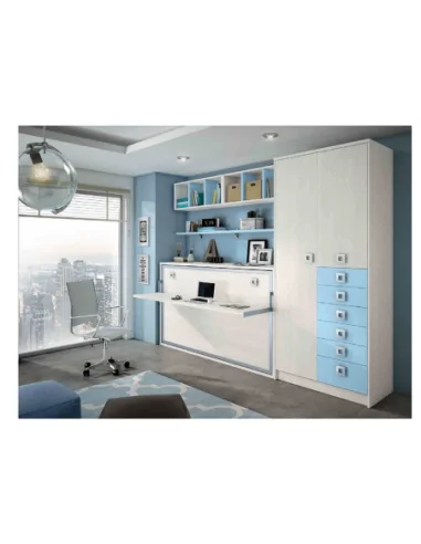 Dormitorio juvenil cama abatible desplegable madera escritorio armario moderno azul