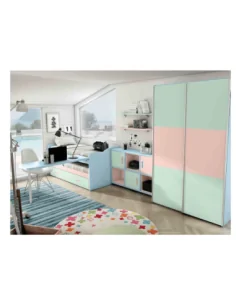 Dormitorio juvenil cama nido compacta escritorio armario madera moderno colores