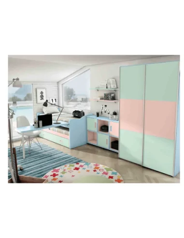 Dormitorio juvenil cama nido compacta escritorio armario madera moderno colores