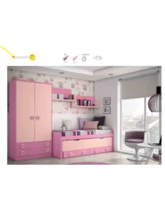 Dormitorio juvenil cama nido compacta escritorio armario madera moderno rosa