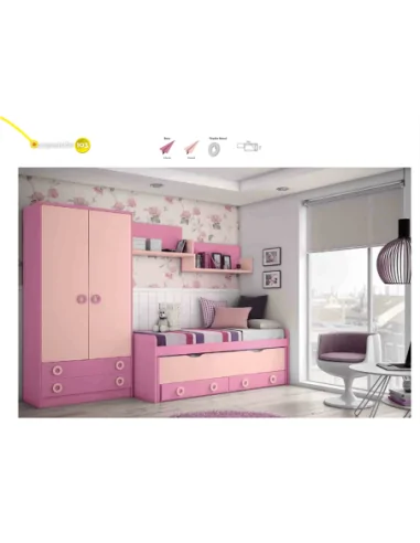 Dormitorio juvenil cama nido compacta escritorio armario madera moderno rosa