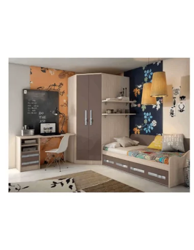 Dormitorio juvenil cama nido cajones escritorio armario madera moderno marron