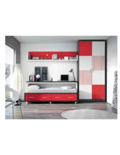 Dormitorio juvenil cama nido cajones escritorio armario madera moderno rojo