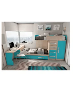 Dormitorio juvenil cama nido litera tren cajones escritorio armario madera moderno