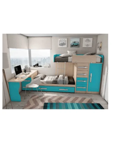 Dormitorio juvenil cama nido litera tren cajones escritorio armario madera moderno