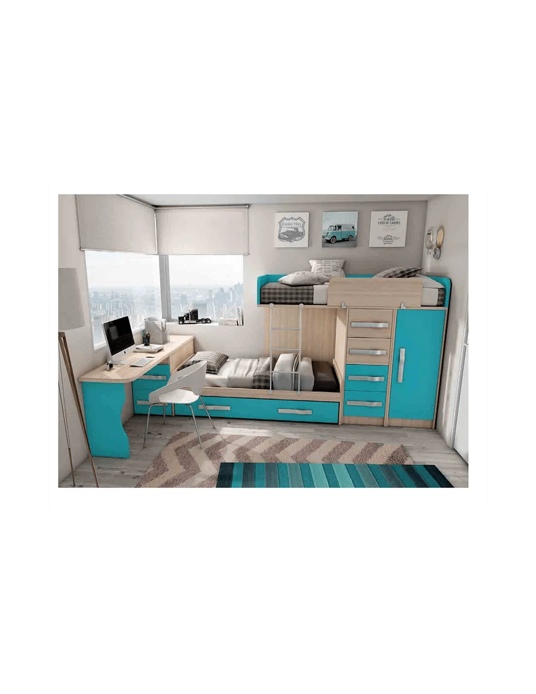 Dormitorio Juvenil con Litera, armario y escritorio con cajonera
