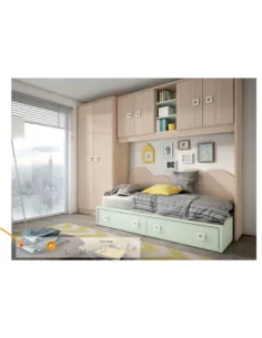 Dormitorio juvenil cama nido cajones escritorio armario madera moderno verde