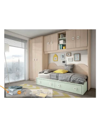Dormitorio juvenil cama nido cajones escritorio armario madera moderno verde