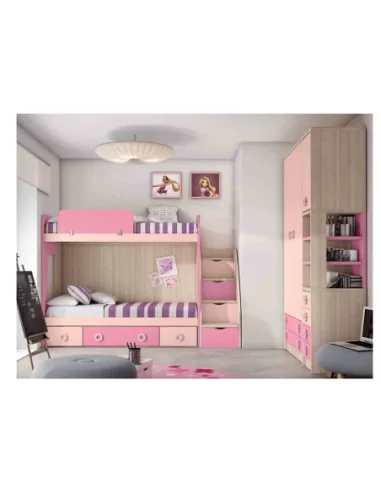 Dormitorio juvenil cama nido cajones litera madera moderno rosa