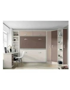 Dormitorio juvenil litera abatible desplegable madera escritorio armario moderno marron blanco