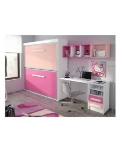 Dormitorio juvenil litera abatible desplegable madera escritorio moderno rosa