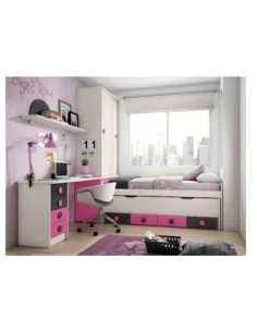 Dormitorio juvenil cama nido compacta cajones escritorio armario madera moderno