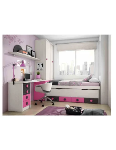 Dormitorio juvenil cama nido compacta cajones escritorio armario madera moderno