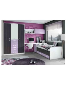 Dormitorio juvenil cama nido compacta cajones escritorio armario madera moderno lila negro