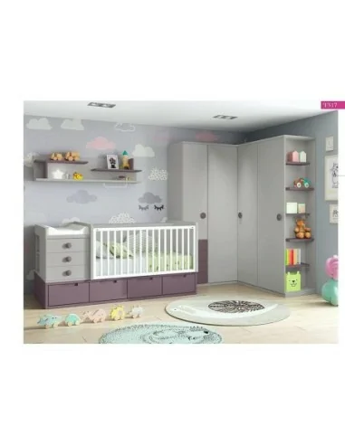 Dormitorio bebe cuna nido compacto armario madera moderno lila