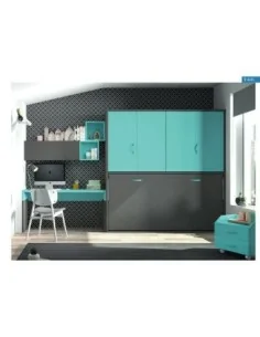 Dormitorio juvenil cama abatible escritorio armario madera moderno azul