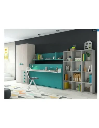 Dormitorio juvenil cama abatible escritorio armario madera moderno azul estanteria