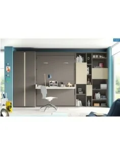 Dormitorio juvenil cama abatible escritorio armario madera moderno marron