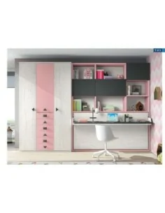 Dormitorio juvenil cama abatible escritorio armario madera moderno rosa