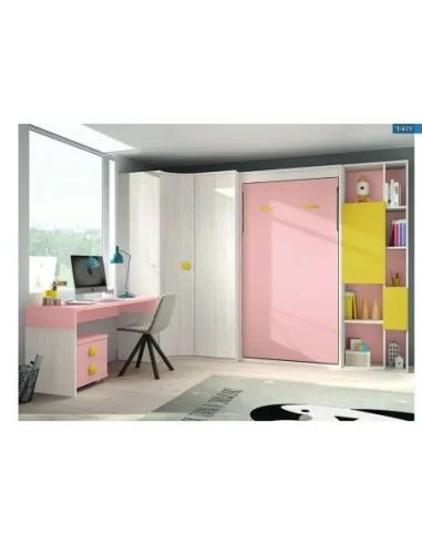 Dormitorio juvenil cama abatible escritorio armario rincon madera moderno