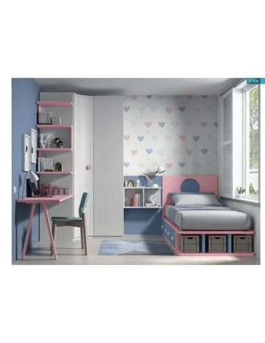 Dormitorio juvenil cama modular escritorio armario madera moderno rosa